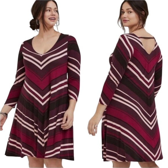 NWT Torrid 4 4X Burgundy Stripe Jersey Mini Trapeze Dress - Picture 1 of 10